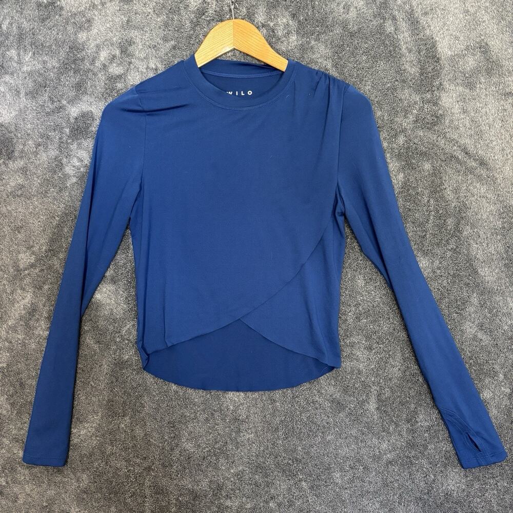 Wilo Cropped Wrap Athletic Top Women’s S Blue Long Sleeve Yoga Gym Stretch